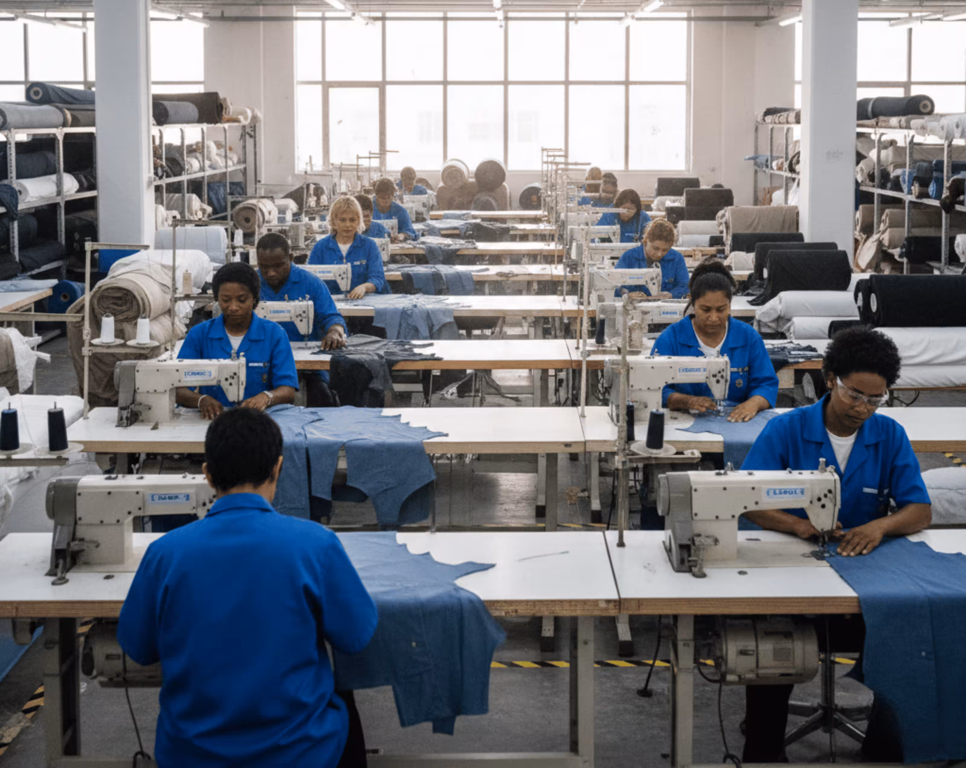 Tekstil atölyesinde üretim bandı ve dikiş makineleri