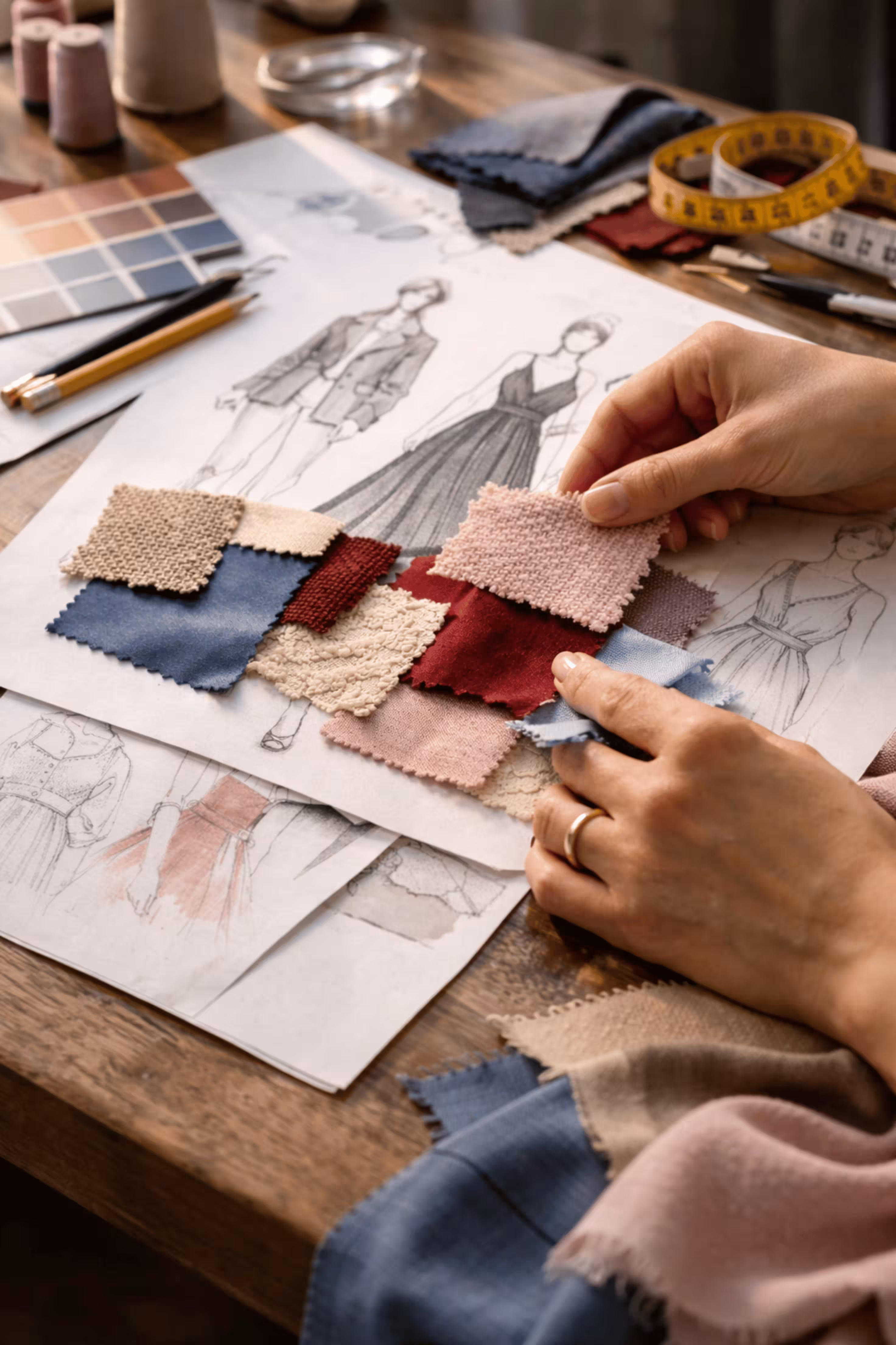 Tasarım eskizleri ve kumaş kartelaları üzerinde çalışan eller.