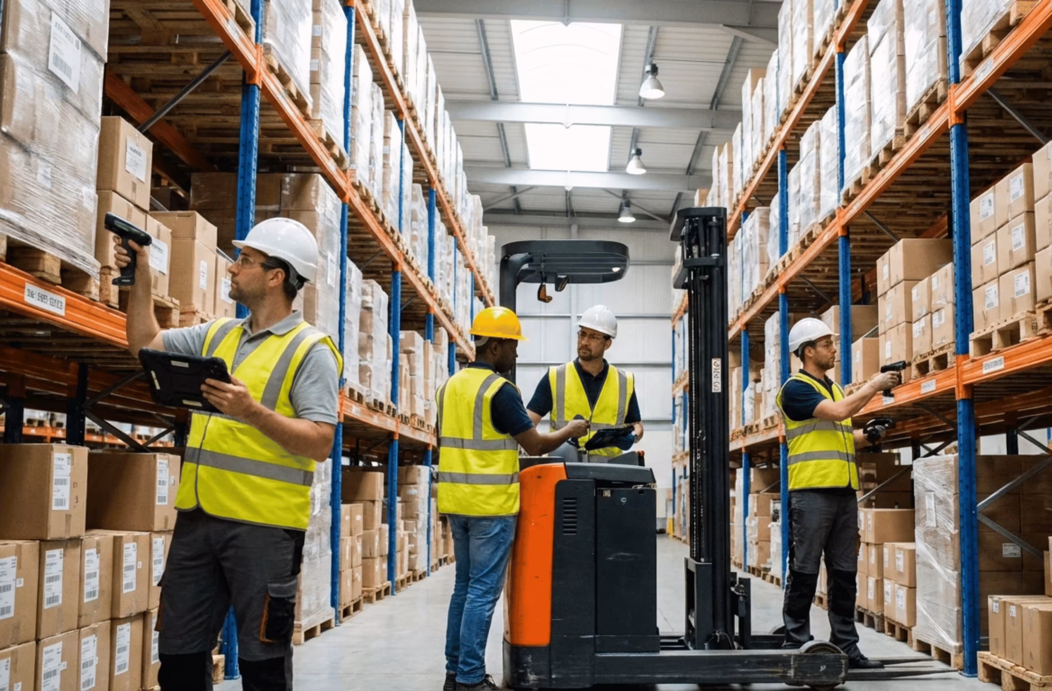 Depoda stok kontrolü yapan lojistik ekibi